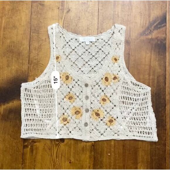 Rebellion Crochet Vest Small Sunflower Embroidered Button Front 100% Cotton Boho - Picture 4 of 8